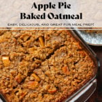 Golden brown baked oatmeal with apples in a large baking dish with one square on a blue plate on the right side of it.