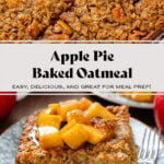 A square slice of apple baked oatmeal on a small blue plate with a gold rim and a small dessert fork on the right side topped with stewed apples and more baked oats in the background.