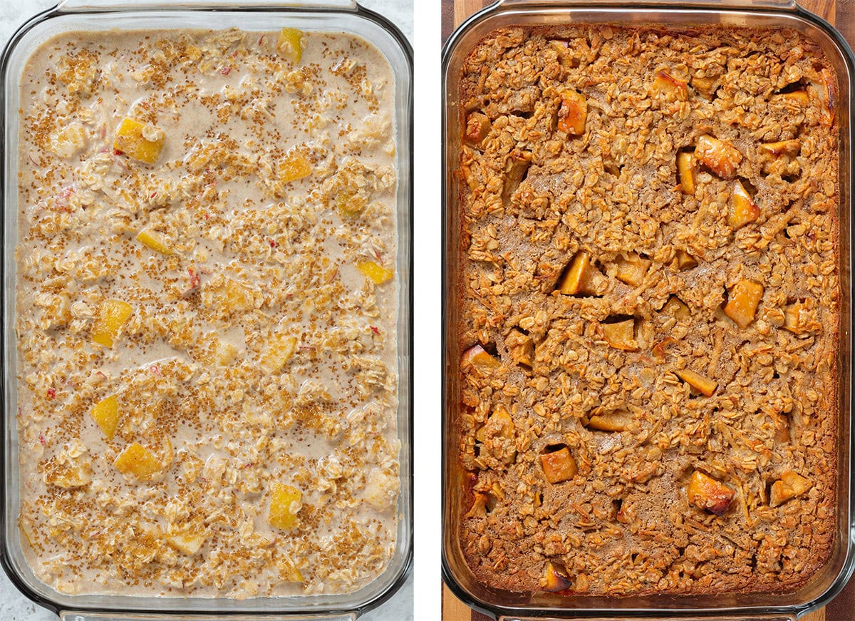 A large baking dish with apple baked oatmeal batter before and after baking.