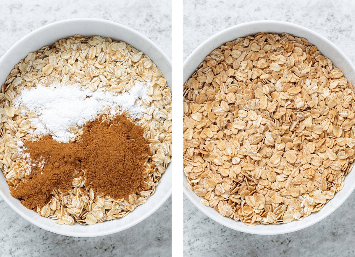 Oats, spices, and baking powder in a large white bowl before and after mixing.