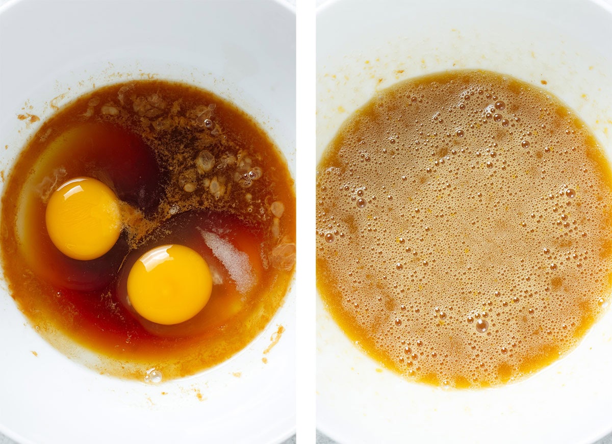 Eggs, melted butter, maple syrup, and other wet ingredients before and after mixing.