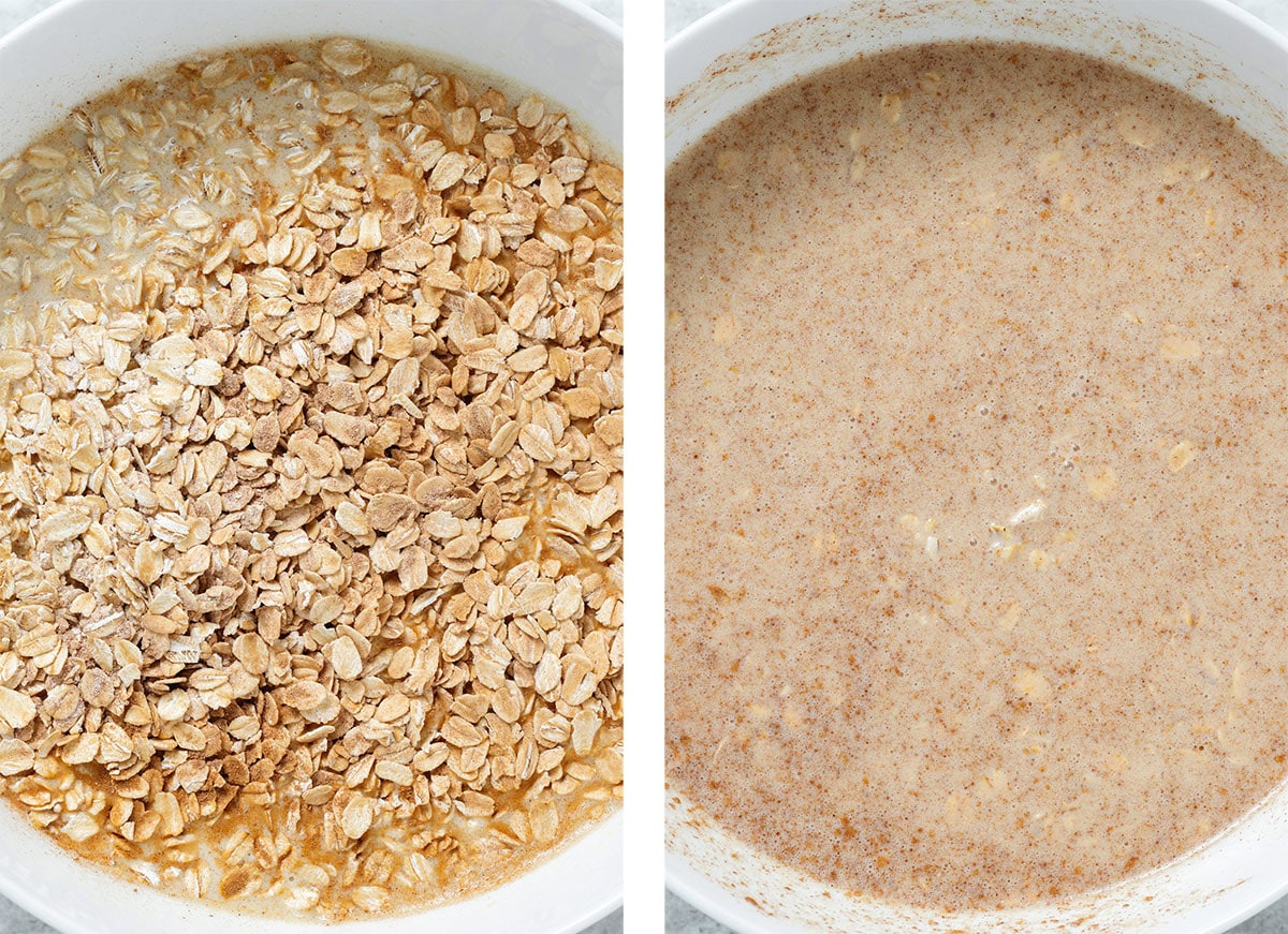 Oats and spices being mixed into wet ingredients in a large white mixing bowl.