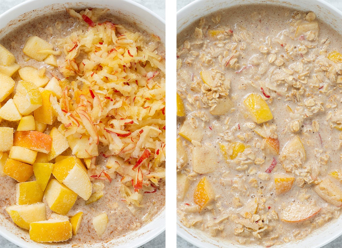 Diced apples and grated apples being mixed into oat batter in a white bowl.