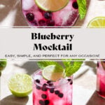 Bright purple blueberry mocktail in a short glass with ice and sparkling water on top creating a layered effect garnished with fresh lime and mint.