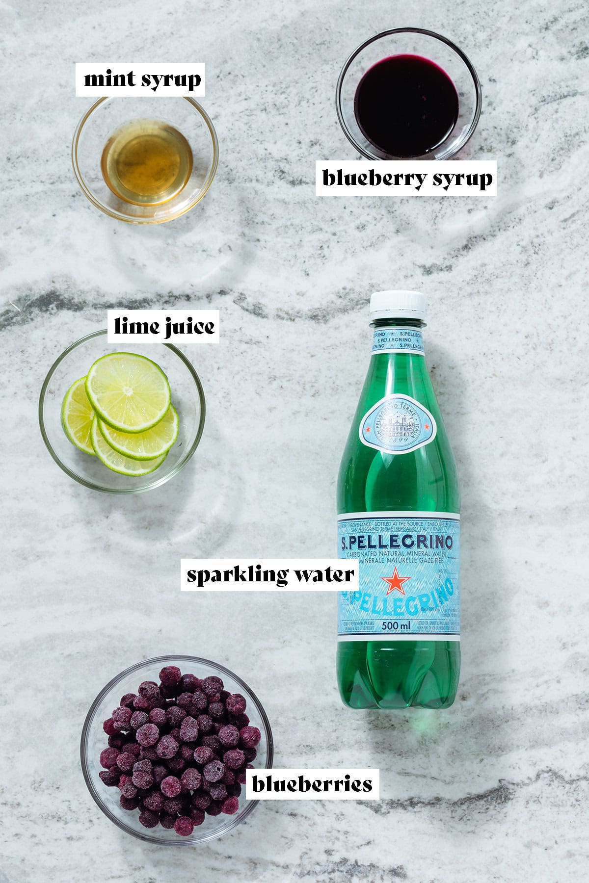 Measured ingredients like blueberry syrup, mint syrup, blueberries, and sparkling water laid out on a grey background.