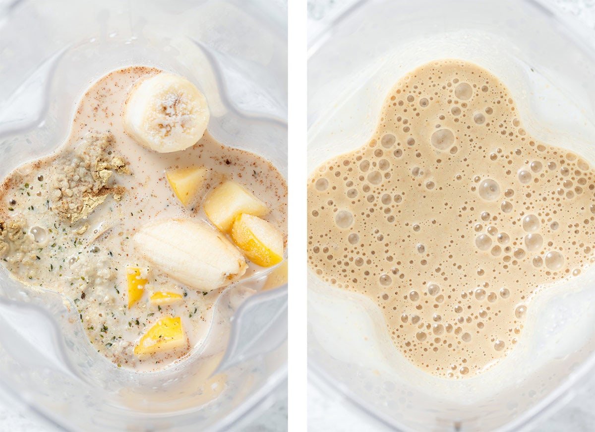 Frozen banana, frozen apple, milk and other ingredients in a high-speed blender before and after blending.