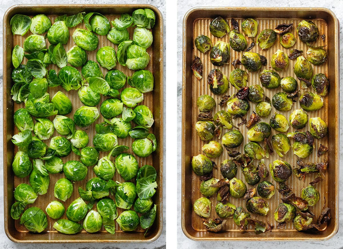 Brussels sprouts cut in half lying cut side down on a large baking sheet before and after roasting.