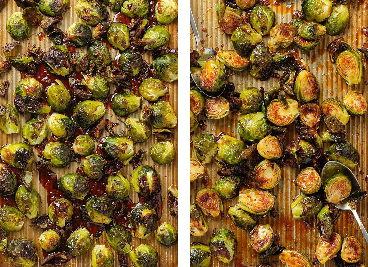 Roasted crispy brussels sprouts drizzled and tossed with sticky balsamic sauce.