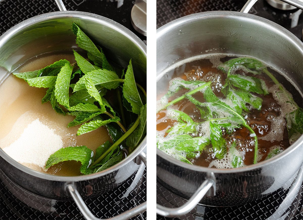 Cane sugar, fresh mint, and water simmering in a small pot on the stove.