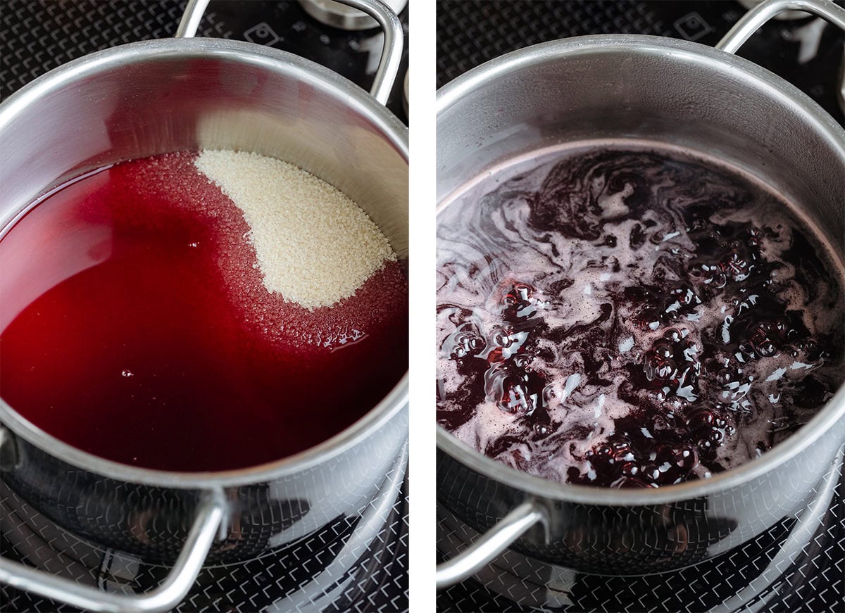 Pomegranate juice and cane sugar simmering in a small pot on the stove.