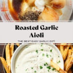 Creamy white garlic dip before blending on top and on the bottom ready to serve in a small white bowl garnished with fresh parsley on a black plate with french fries with one fry in the dip.