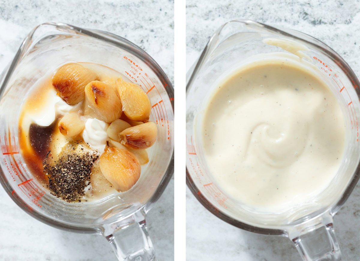 Creamy white garlic dip in a measuring cup before and after blending.