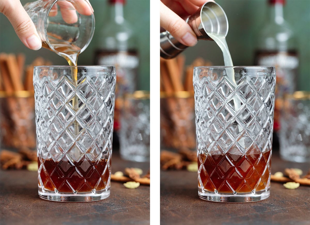 Brown syrup and lemon juice being added to a gold cocktail shaker.