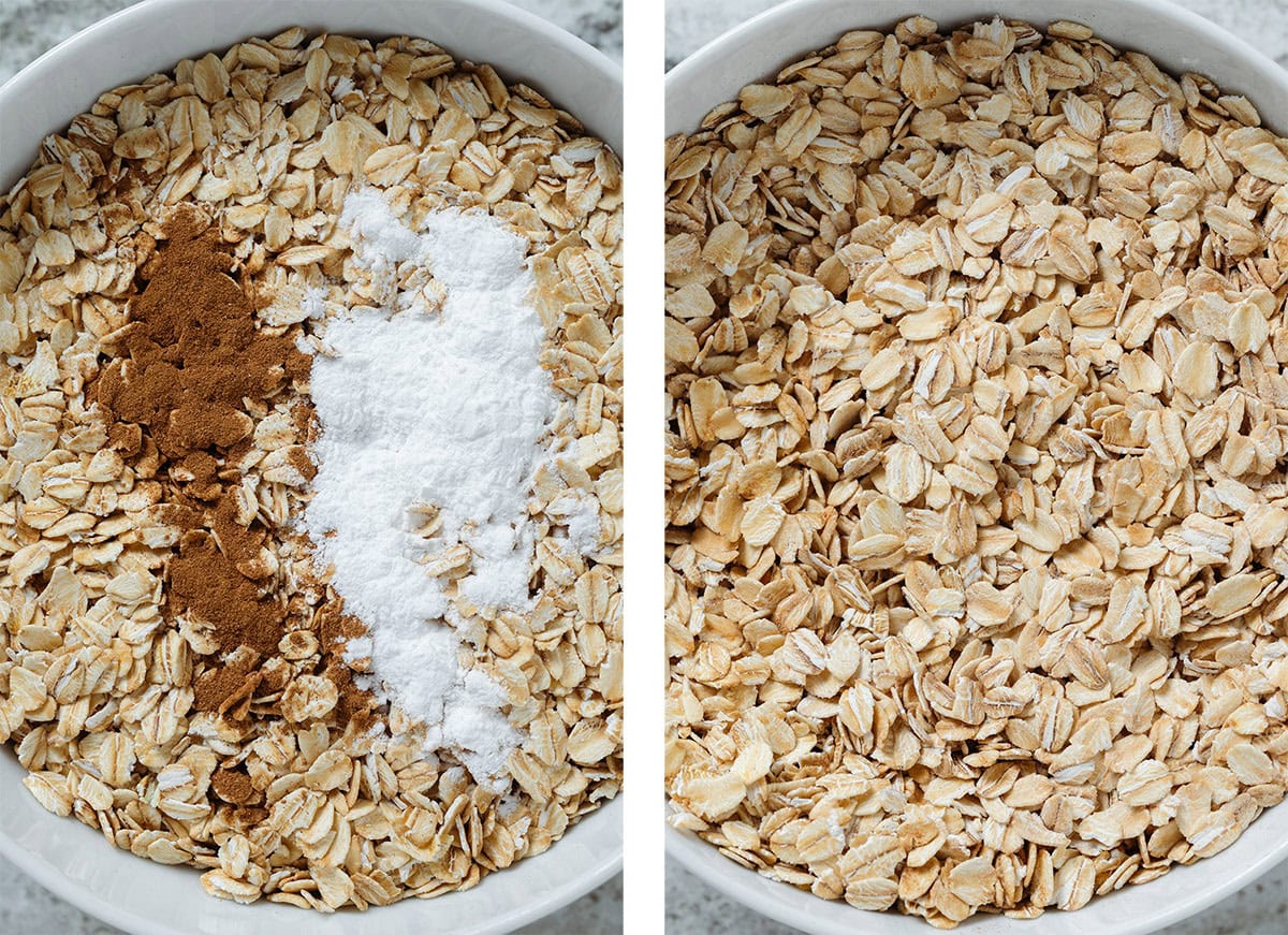 Rolled oats, cinnamon, and baking powder in a medium white bowl before and after whisking together.