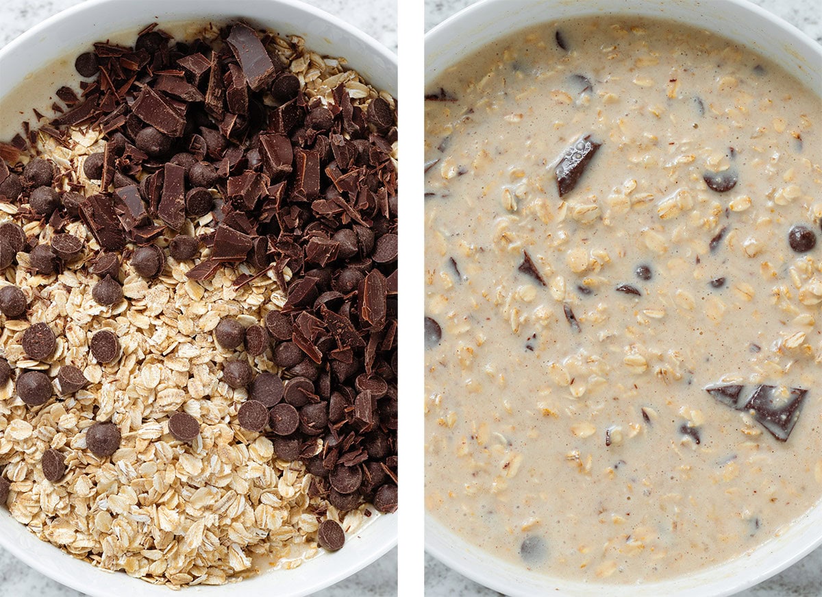 Chocolate chips, chopped chocolate, and oats being mixed into wet ingredients in a white bowl.