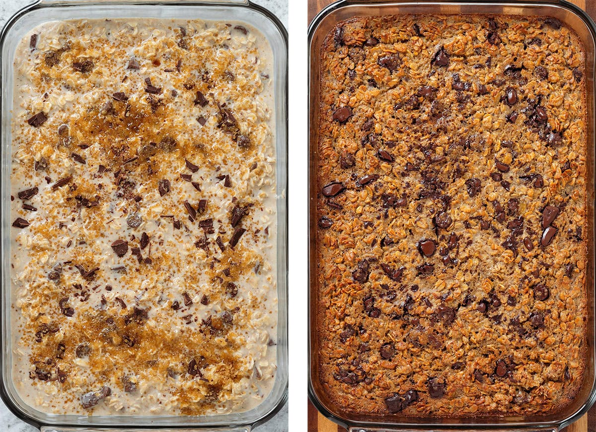 Chocolate chip oatmeal batter in a glass baking dish before and after baking.