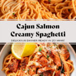 Spaghetti with creamy red sauce and chunks of roasted salmon in a white bowl sprinkled with parmesan, fresh herbs, and with a lemon wedges on the side.