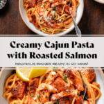 Spaghetti with creamy red sauce and chunks of roasted salmon in a white bowl sprinkled with parmesan, fresh herbs, and with a lemon wedges on the side.