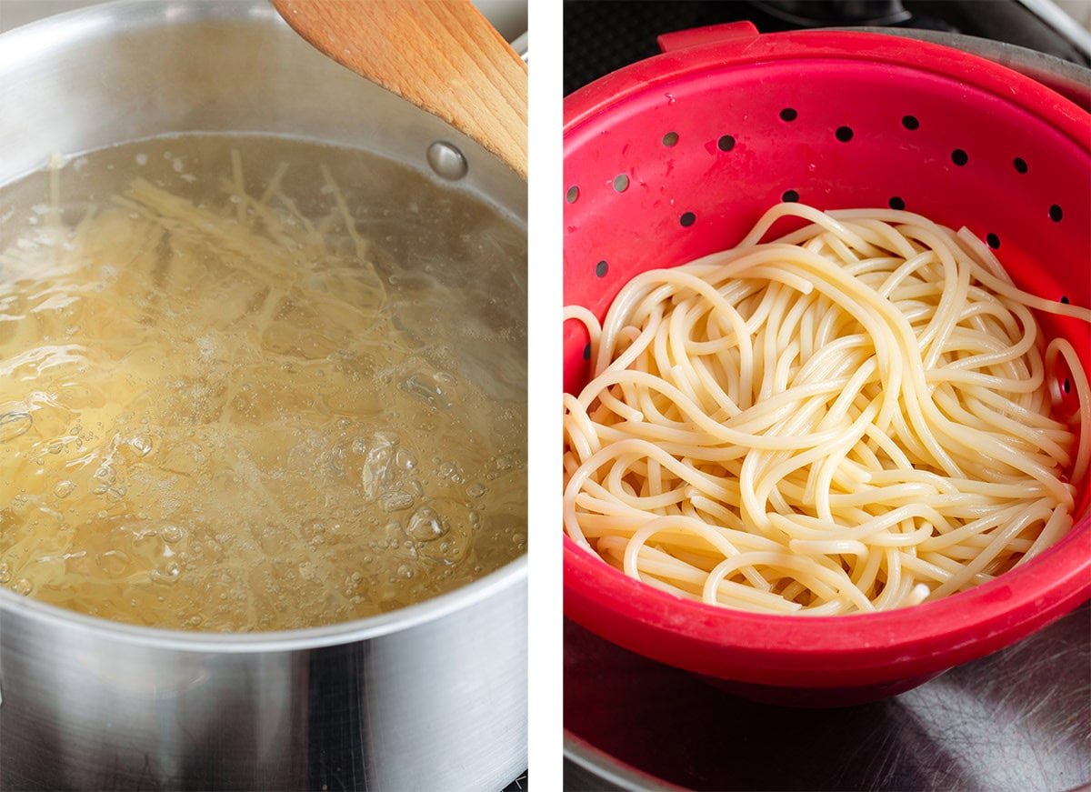 Spaghetti cooking in a large pot on the left and after getting strained in a red collander on the right.