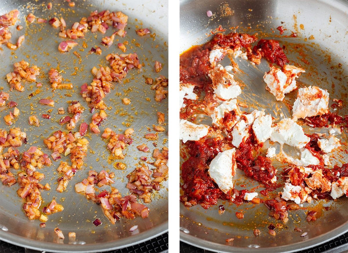 Finely diced red onion cooking with red spice in a large pan on the left and tomato paste and creamy goat cheese being added on the right.