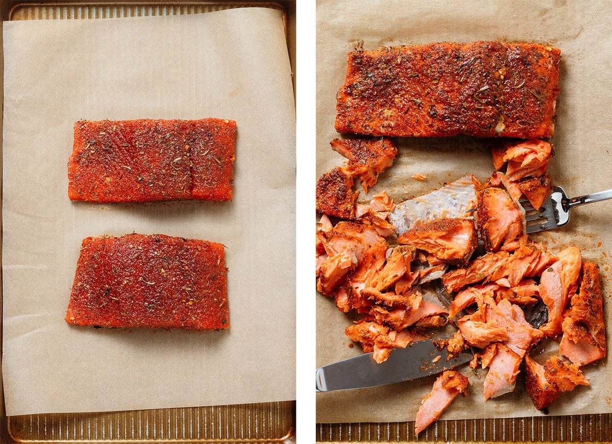 Two servings of salmon on a baking sheet with parchment paper before and after roasting with the cooked salmon being cut into bite-sized pieces on the right.