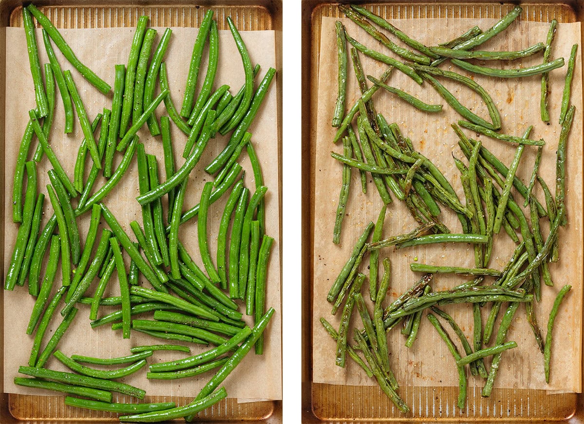 Green beans on a baking sheet lined with parchment paper before and after roasting.