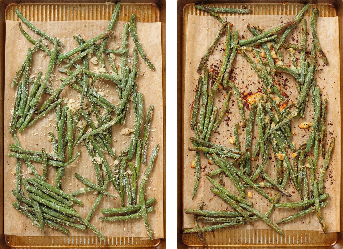 Roasted green beans with grated parmesan on a baking sheet lined with parchment paper before and after roasting again.