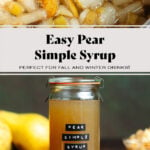 Dark yellow syrup in a glass jar with a lid and a black embossed label that says pear simple syrup on a dark brown background.