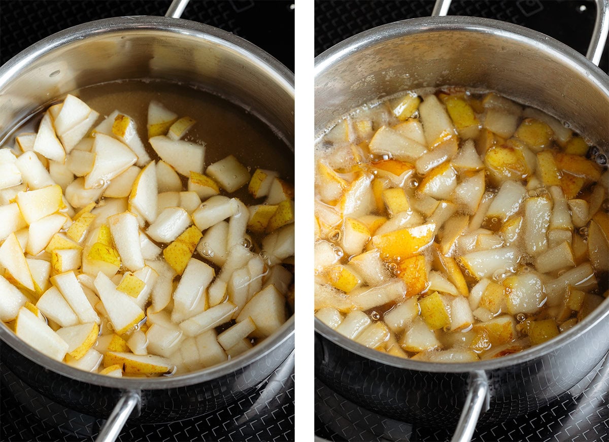 Chopped pears, sugar, and water simmering in a small pot on the stove.