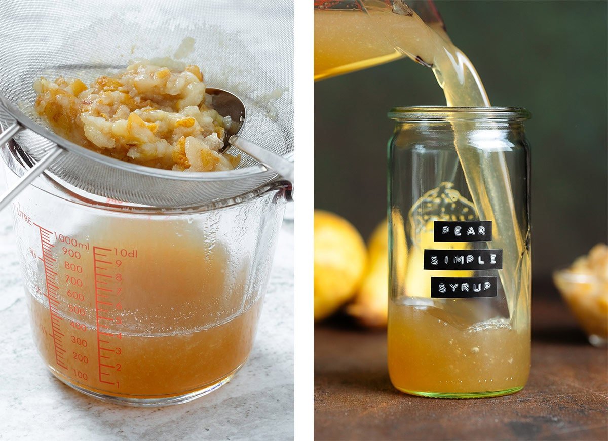 Dark yellow pear syrup being strained into a large glass measuring cup and poured into a tall glass jar.