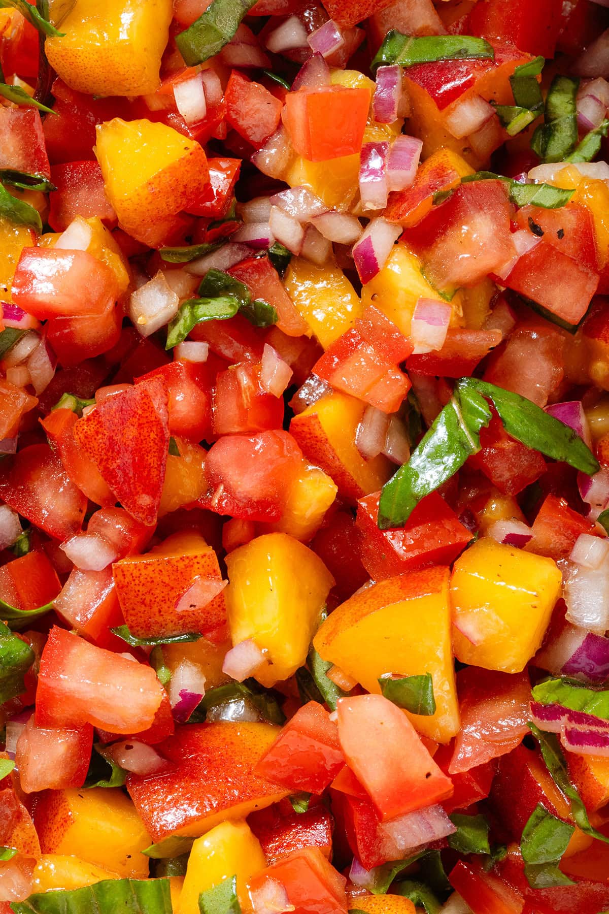 Finely diced tomatoes, peaches, red onion, and fresh basil tossed with a dressing.