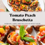 Peach and tomato bruschetta with creamy goat cheese spread drizzled with balsamic glaze on a large white serving plate.