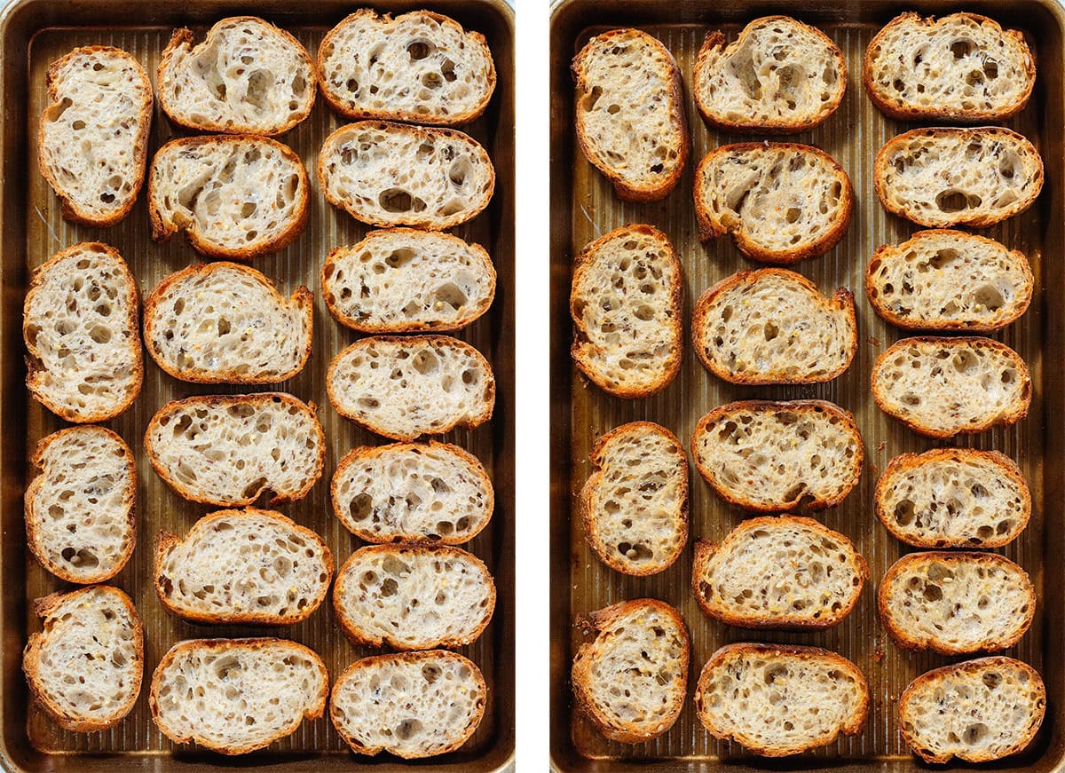 Baguette slices on a baking sheet before and after roasting in the oven.