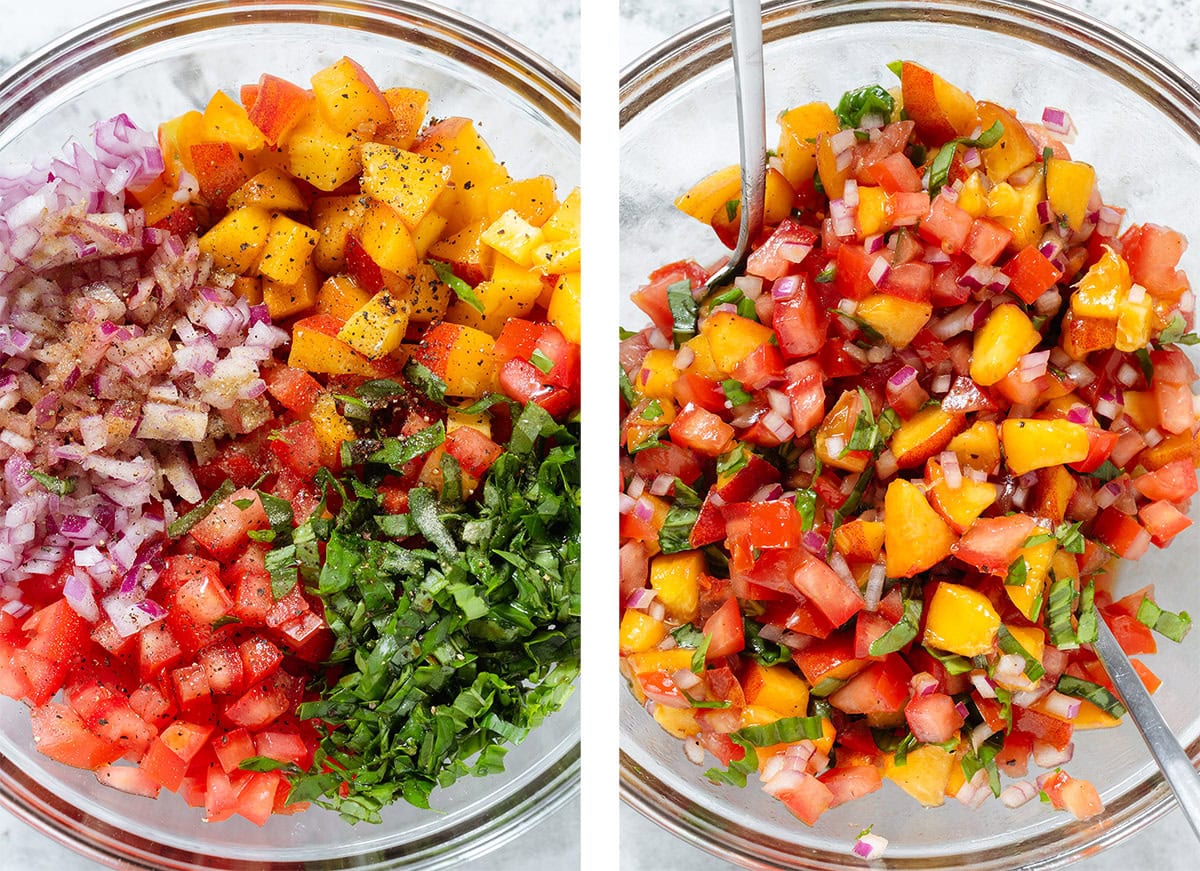 Finely diced tomatoes, peaches, red onion, and fresh basil tossed with a dressing in a glass bowl before and after tossing together.