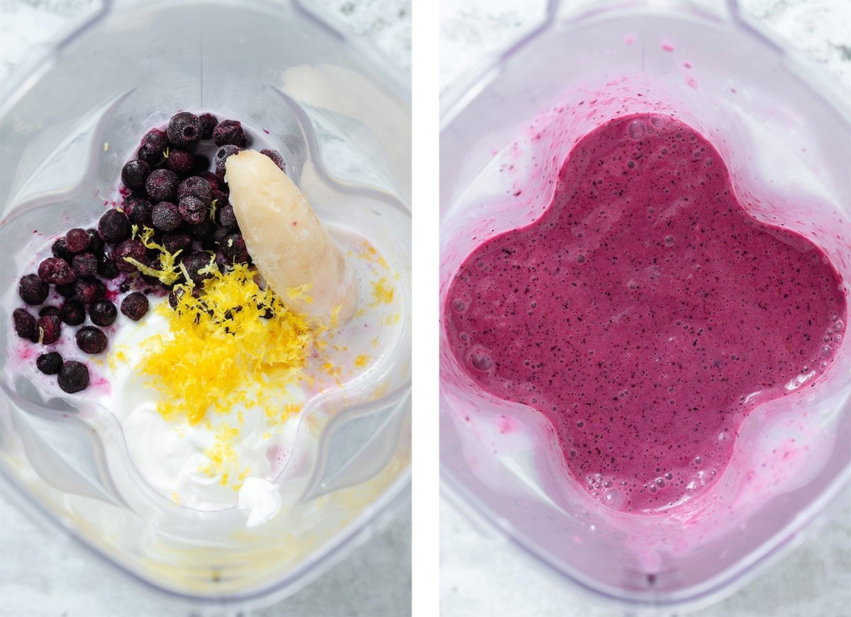 Ingredients like frozen blueberries, banana, lemon zest, and yogurt in a high-speed blender before and after blending.