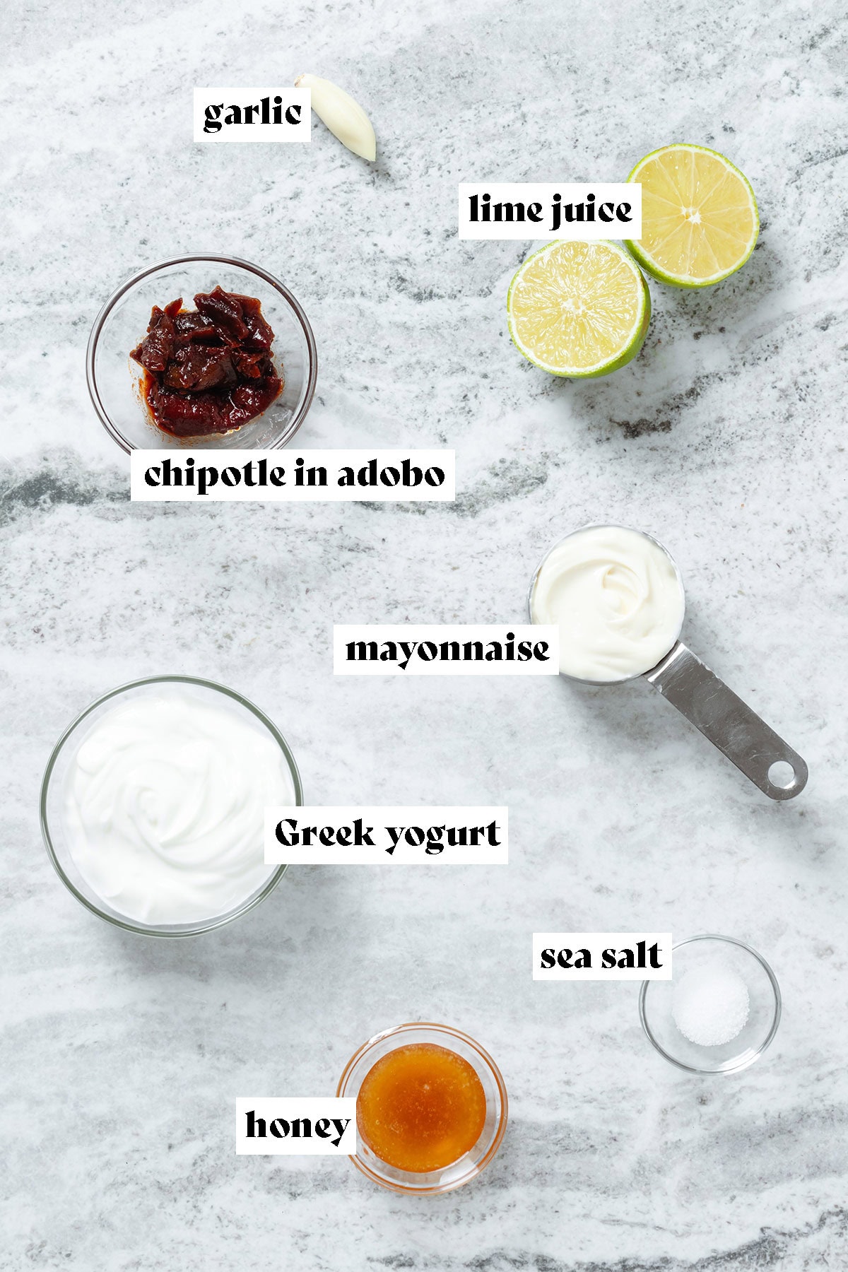 Condiments like mayonnaise, greek yogurt, chipotle in adobe, and honey in small glass bowls with text overlay.