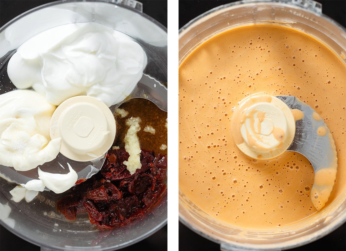 Greek yogurt, mayonnaise, chipotle pepper and garlic in a food processor before and after blending into a sauce.