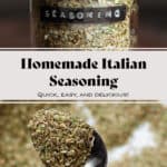 Mixed dry herb Italian seasoning in a glass jar with a black embossed label.
