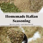 A black spoon holding mixed dried herb seasoning over a white bowl with more of the seasoning.
