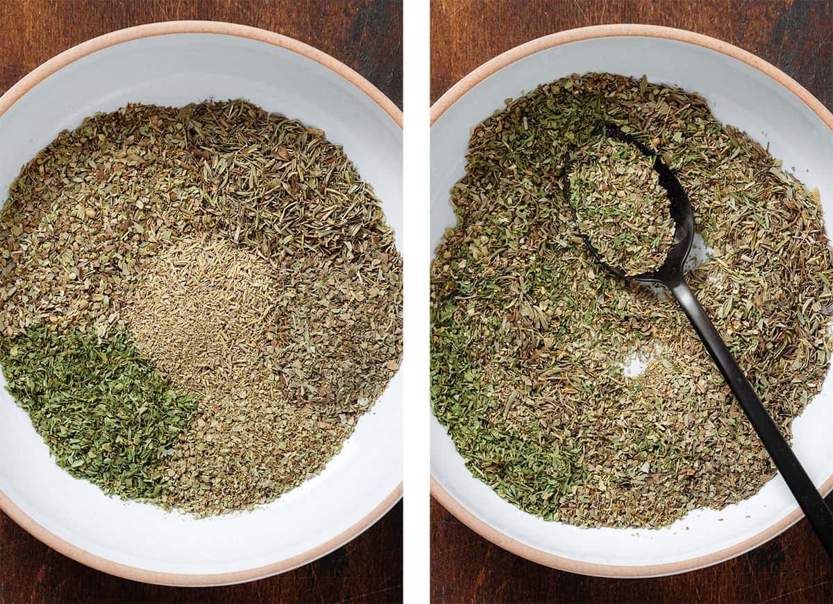 Dried herbs in a low white bowl before and after being mixed with a black spoon.