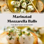 Marinated small mozzarella balls in olive oil and fresh herbs in a glass bowl with a bamboo stick with toasted bread around the bowl.