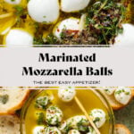 Marinated small mozzarella balls in olive oil and fresh herbs in a glass bowl with a bamboo stick in.