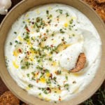 Whipped ricotta topped with fresh thyme, chili flakes, and drizzled with hot honey in a brown bowl surrounded with crackers with one dipped into the dip.