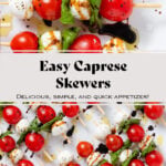 Wooden skewers with cherry tomatoes, bocconcini, and fresh basil drizzled with olive oil and balsamic glaze, and flaky sea salt on a large white platter.