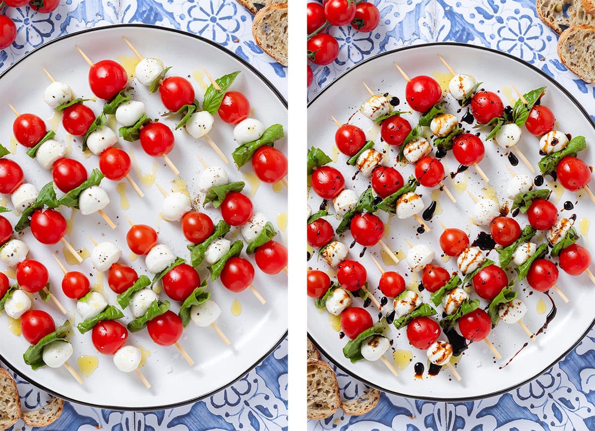 Wooden skewers with cherry tomatoes, bocconcini, and fresh basil before and after being drizzle with olive oil and balsamic glaze, and sprinkled with flaky sea salt.