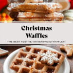 A stack of waffles with a small gingerbread man cookie on top drizzled with maple syrup and dusted with powdered sugar.