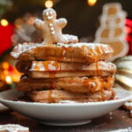 A stack of waffles with a small gingerbread man cookie on top drizzled with maple syrup and dusted with powdered sugar.