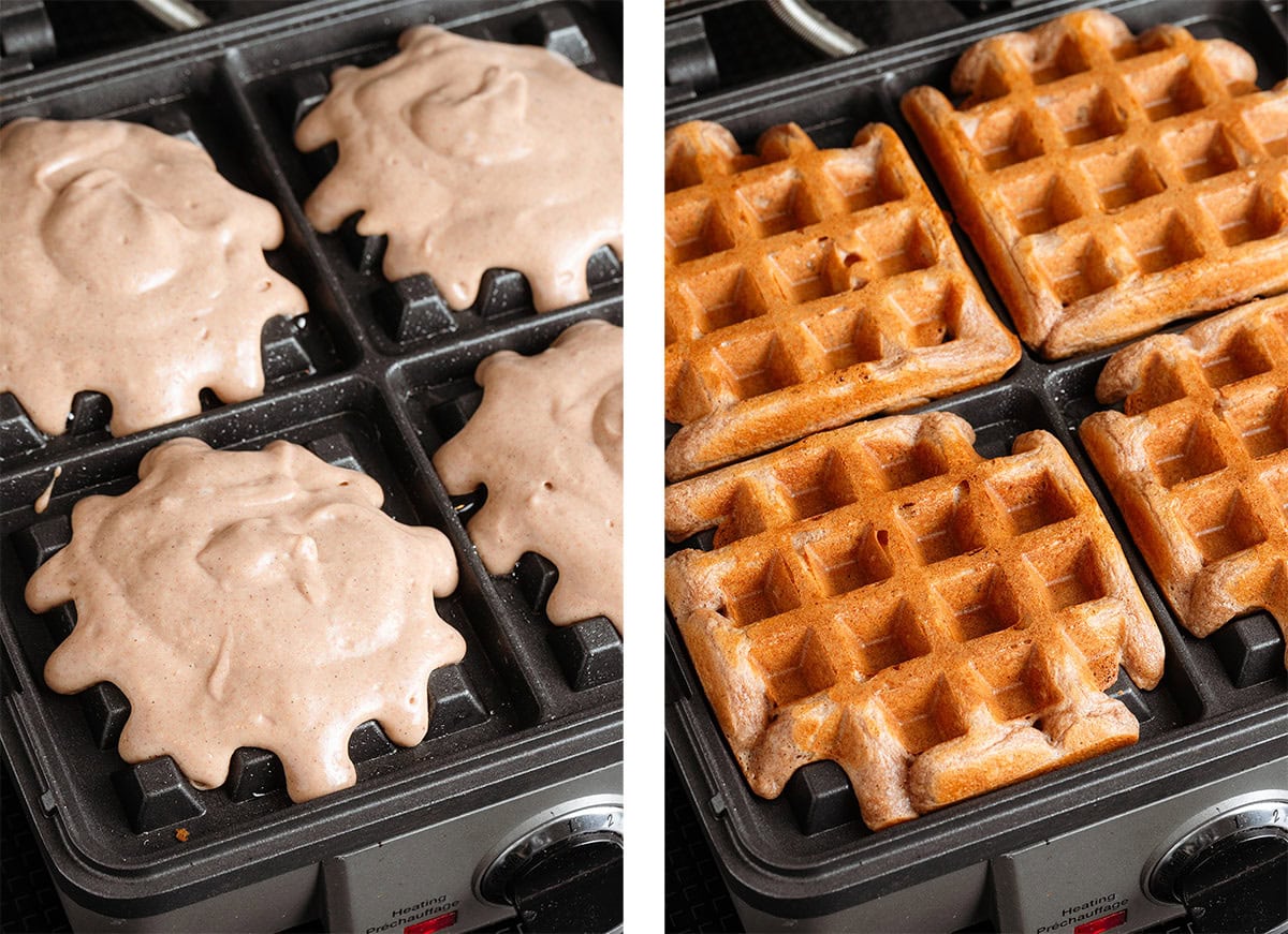 Waffles cooking in a four-waffle waffle iron, before and after cooking.