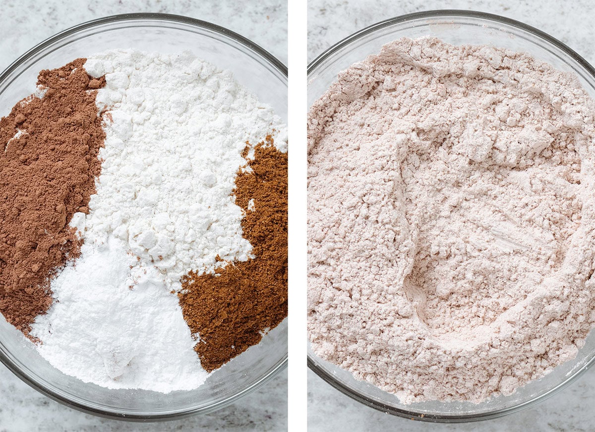 Flour, cacao powder, spices, and baking powder before and after whisking in a large glass bowl.