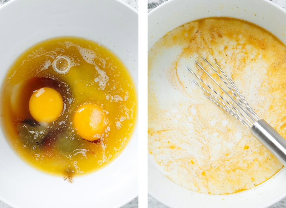 Eggs, honey, vanilla, and milk being whisked together in a large white bowl.